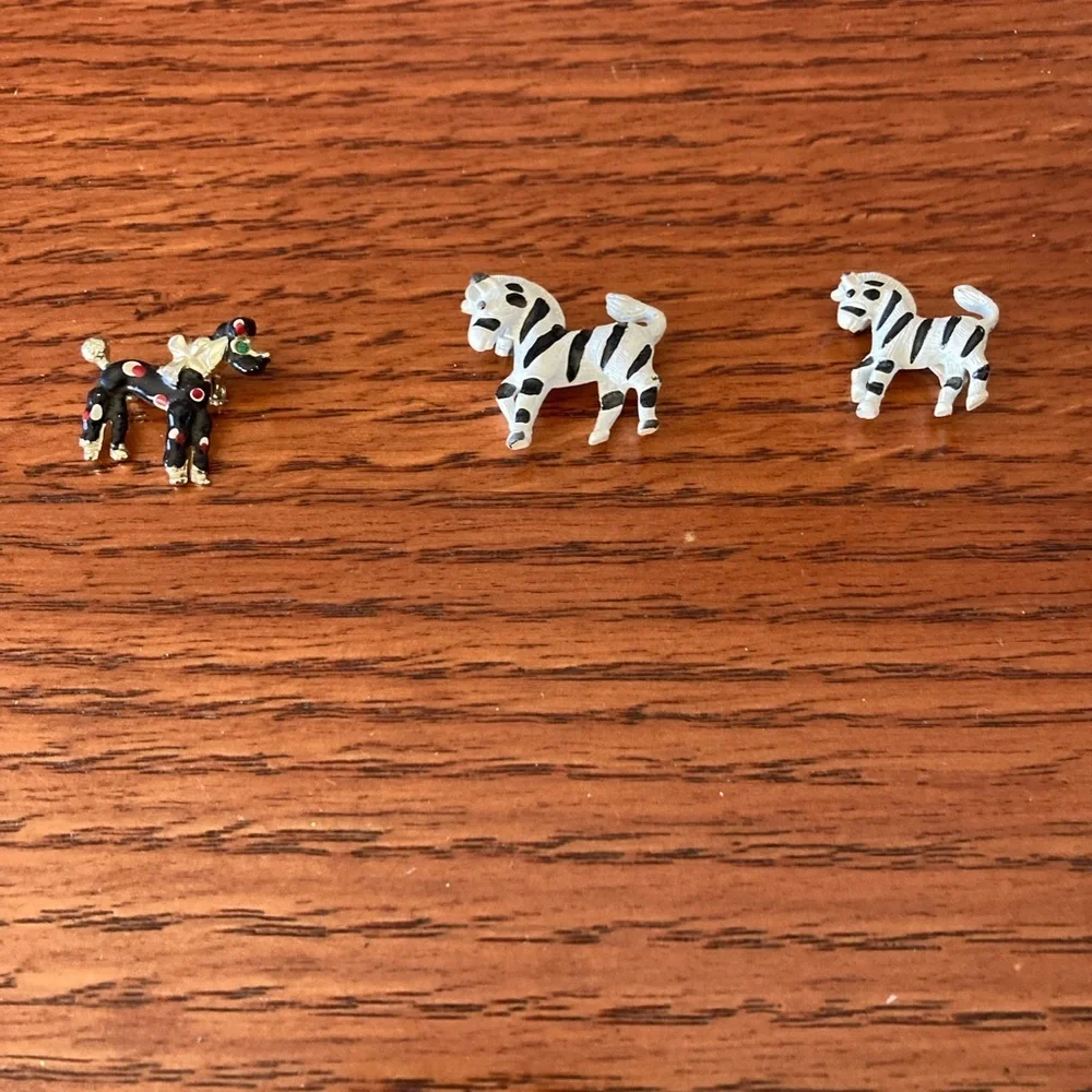 Vintage Lot 2 Zebra brooches black white enamel signed Gerry 1 poodle green eyes